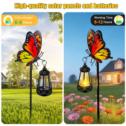 ZFNN Solar Garden Decor Lights Outdoor Waterproof, Metal Butterfly Stakes with Solar Lanterns, Solar Garden Lights for Decorative Yard Art Outside Patio Lawn Ornaments, Gifts for Women Mom
