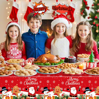 2 Pcs Christmas Tablecloth - Plastic Merry Christmas Table Cloth, Red Disposable Rectangle Cute Santa Claus Snowman Xmas Table Cover for Christma Party Decorations Favors Tables Decor, 108 x 54 Inch