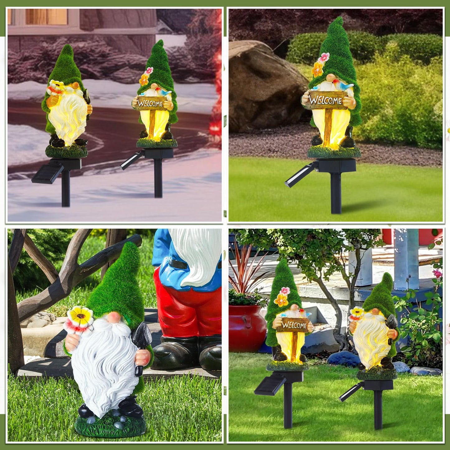 Rossesay 2 Pcs Solar Garden Gnomes Outdoor Decorations with Welcome Sign, Waterproof Resin Gnome Statues with Lights for Outside Yard Patio Porch Decor, Mothers Day Gifts for Mom Grandma Women