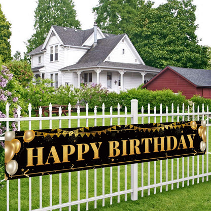 Black Gold Birthday Banner for Happy 1st to 100th - Boys, Girls, Men & Women - Reusable Decorations - Indoor Outdoor Party Supplies - 9.8x1.6 FT