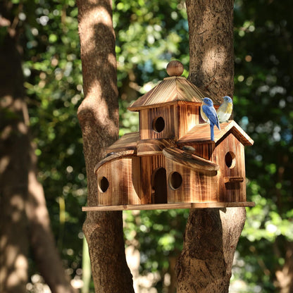 Bird Houses for Outside, Wooden 6 Hole Bird House Room for Multiple Birds, Outdoors Hanging Birdhouse Nesting Box for Garden, Bird Hotel for Wren Chickadee Sparrow