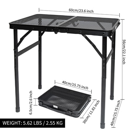HPC Decor Folding Grill Table-Camping Table with Mesh Desktop,Portable Picnic Table with Carry Handle,27/56cm Height Adjustable Metal Table-Outdoor Grill Table,Folding Table for Outside Inside Use.