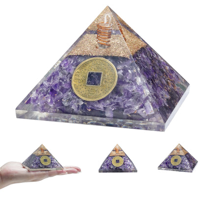 "55mm orgone pyramid Amethyst protection crystals reiki supplies healing stones, organite pyramid for good luck gift for women men gemstone crystal chakra charm orgone generator orgonite collection"
