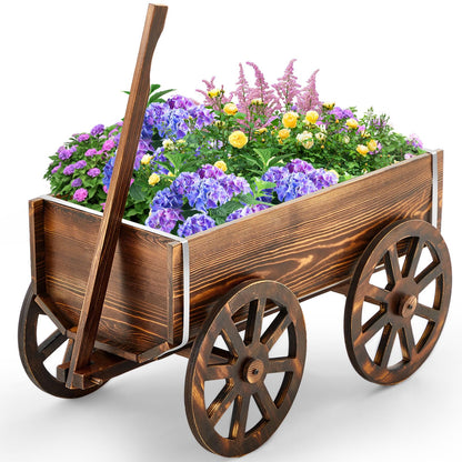 Beeveer Wooden Wagon Flower Planter Cart Garden Planter Box with Wagon Wheels Cart for Home Garden Outdoor Balcony Decorative, Patio Flowers Herbs Vegetables, Brown 23.23 x 11.41(Classic)