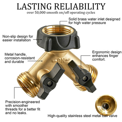 Hourleey 2 Pack Brass Garden Hose Splitter 2 Way, 3/4 Inch Hose Connector Tap Splitter, Hose Y Splitter, Hose Spigot Adapter 2 Valves with 4 Extra Rubber Washers