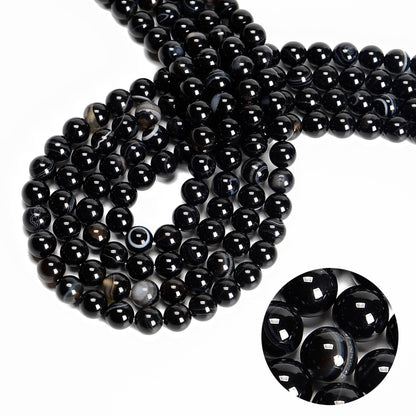 65Pcs 6mm Black Striped Agate Natural Round Loose Real Stone Beads Gemstone Genuine for DIY Hand Made Craft Jewelry Bracelet Earring Necklace String Making Energy Healing Power