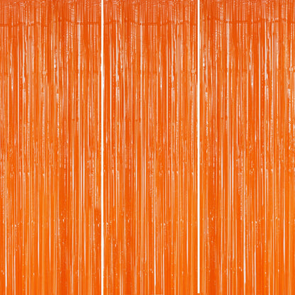 DECOCKRAT 3 Pack Foil Fringe Backdrop - Orange Shiny Tinsel Curtains for Party Decoration/Photo Booth Props - 3.3x8.2 FT Metallic Foil Backdrop for Birthday, Wedding, Graduation, Christmas.