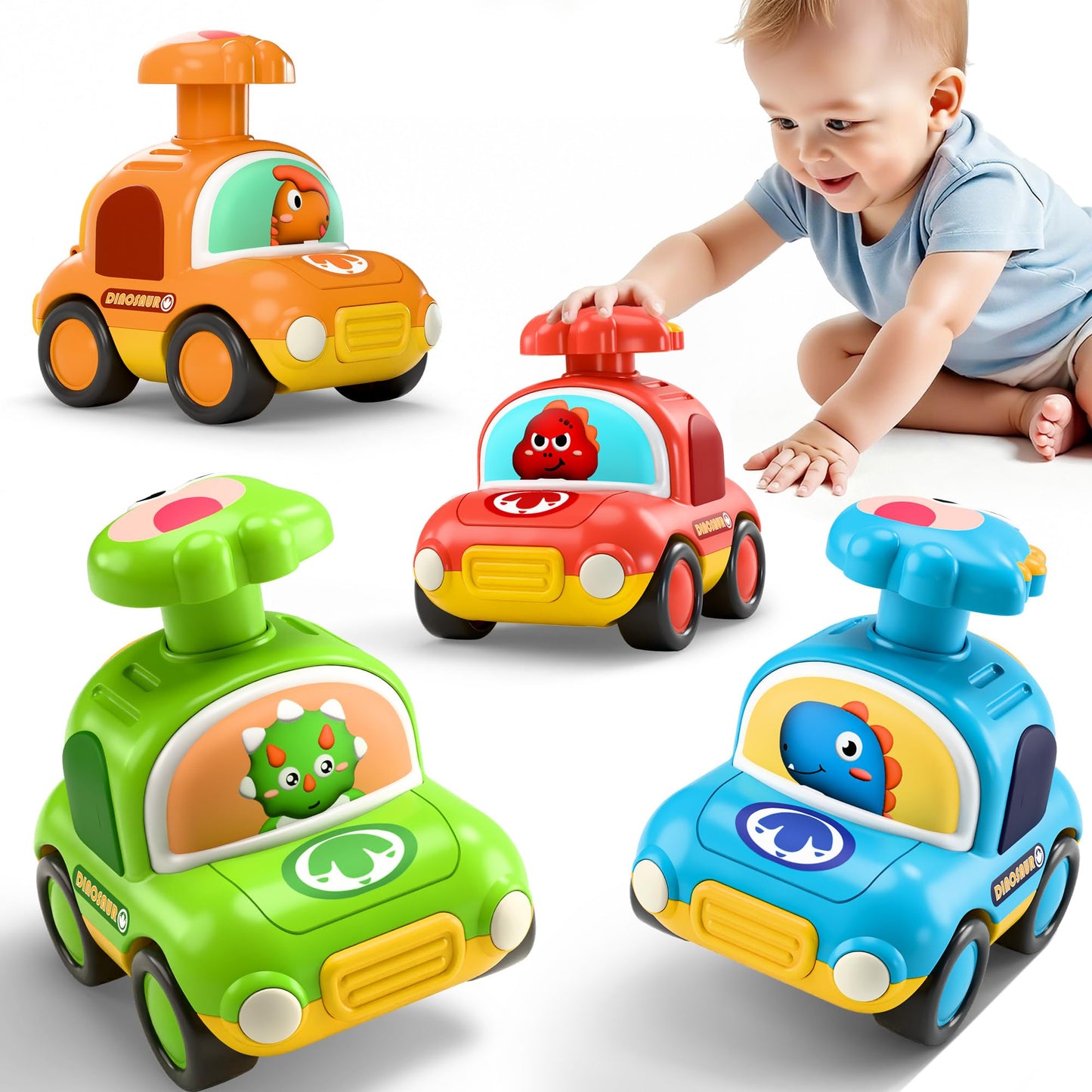 iPlay, iLearn Press to Go Dinosaur Car Toys for Toddlers 1-3, Baby Play Race Vehicle Set, Infant Boy Push Go Friction Toy, 4pcs Animal Car for 12 18 24 Month, 1st Birthday Gift for 1 2 3 Yr Kid Child