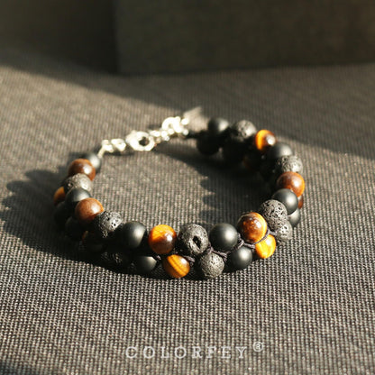 Triple Protection Bracelet for Men Women, COLORFEY Authentic Mens Bracelet Genuine Tiger Eye Black Onyx Lava Rock Crystal Bracelets, 8”Adjustable Beaded Bracelet for Men Grounding and Confidence