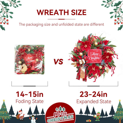 Christmas Wreath with Lights, 24 Inch Lighted Christmas Wreath for Front Door, Winter Wreath with LED Lights, red Berries, Pinecones, Gold Ball, Red Bow, Merry Christmas Sign for Indoor or Outdoor