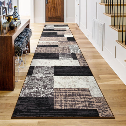 Indoor Runner Rug, Washable Runner Rug with Rubber Backing, Modern Geometric Patchwork Aesthetic Carpet for Bedroom, Living Room, Hallway, Entryway, Washable Rugs Rockwood Collection,2.7x8Ft Chocolate
