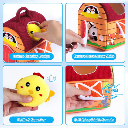 Baby Toys 6-12 Months, Little People Farm with Crinkle, Rattle & Squeaker – Little People Barn with Stuffed Farm Animals for Newborn Infants, Montessori Learning Toys for Baby Christmas Gift