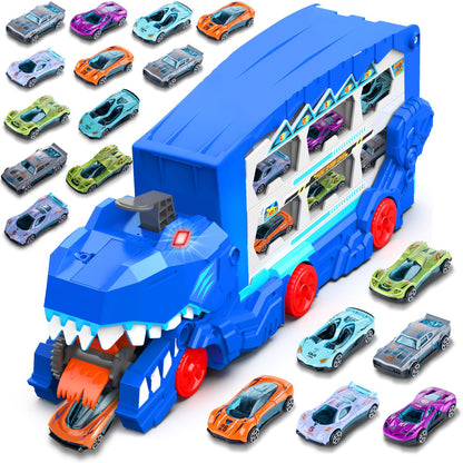 Dinosaur Transport Car Race Track Toy Set for Kids - Monster Carrier Truck Toys for Age 3 4 5 6 7 8 9 10 11 12 Years Old Boy Christmas Birthday Gifts with Die-Cast Metal Toy Cars, Light & Sound