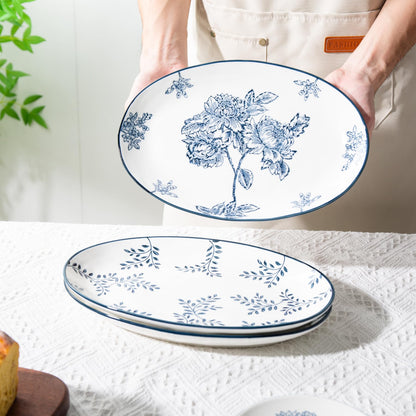 Magclay Ceramic Serving Platters, 12 Inch Large Serving Trays, Oval Plates for Dessert Appetizers Meat/Entertaining/Party, Blue and White, Set of 3