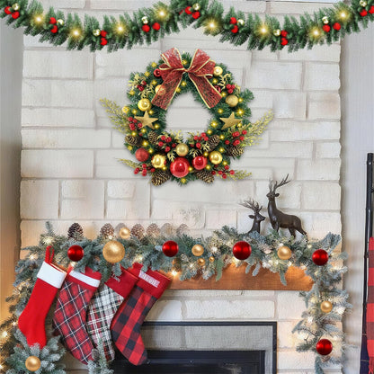 TXRXIZ 16 Inch Pre-Lit Christmas Door Wreath with Timer & Hanger & 50LED Warm Lights, Decor with Bow & Golden Ball & Star ect., Artificial Christmas Wreath for Door & Window & Fireplace