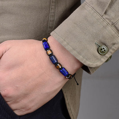 Senxilk Lapis Lazuli & Tiger's Eye Adjustable Bracelet for Men - Natural Stone Beaded Black Cord Jewelry Gifts for Him, Son, Teens | Birthday Father's Day Christmas
