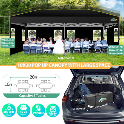 COBIZI 10x20 Pop Up Canopy Tent with 6 Sidewalls One Push Setup Outdoor Commercial Gazebo Waterproof UPF 50+ Party Tent with Carry Bag,Air Vent,Sandbag Tents for Parties,Wedding,Backyard,Black