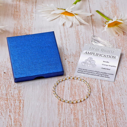 QOGIR Clear Quartz - Amplification - 14K Gold Plated Beads Natural Gemstone Stretch Elastic Dainty Healing Beaded Bracelets Gifts 4mm