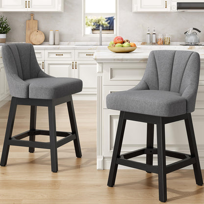 REONEY Swivel Bar Stools Set of 3, Fabric Upholstered Counter Height Barstool, 26" Modern Kitchen Island Chairs with Back and Solid Wood Legs for Home Bar Dining Room, Dark Grey