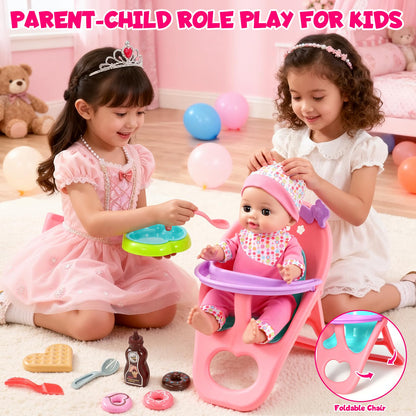 DRAMATION 12'' Interactive Baby Doll Set with Crib and High Chair, 32 PCS Baby Doll Toys Speaking 12 Sounds with Baby Doll Accessories, Doll Playset for Toddler Girl Toys Gifts 3 4 5 Years Old
