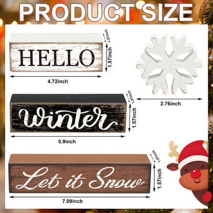 4 Pcs Winter Snowflake Wooden Table Block Sign Christmas Tiered Tray Decor Hello Winter Wood Tabletop Centerpiece Let it Snow Rustic Farmhouse Table Decorations for Xmas Holiday Home Shelf Party Decor