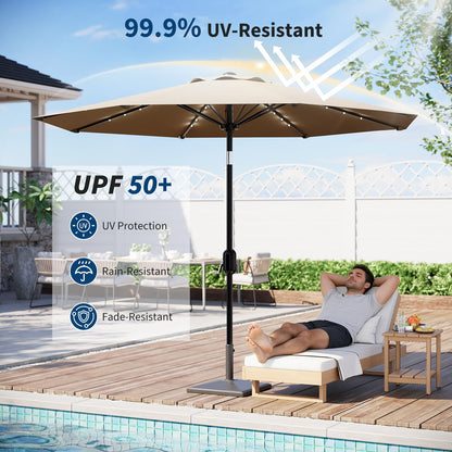 Garvee 10 FT Patio Umbrella with Solar Lights, Outdoor Table Umbrella with 8 Durable Ribs, Tilt & Crank Mechanism, Waterproof & UV Protection for Garden, Backyard, Poolside, Tan