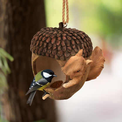 Hvfun Hanging Bird Houses for Outside, Acorn-Shaped Resin Birdhouse with Squirrel Design for Outdoors Decorative Birdhouses,