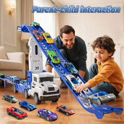 Transport Truck Toys for 3 4 5 6 7 Years Old Boys,Toys Cars Track Set Transporter Trucks with 12 Die-Cast Car Toys 2 Race catapults Dual-Track Model,Toddler Car Toy Set for Kids Boys Girls