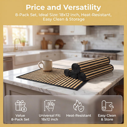 YIMITEE 8 Pack Bamboo Placemats, 18 x 12 Inch Anti-Slip Table Mats, Rustic Japanese Style Heat-Resistant Dining Place Mats for Dining Room Kitchen Wedding Restaurant Party