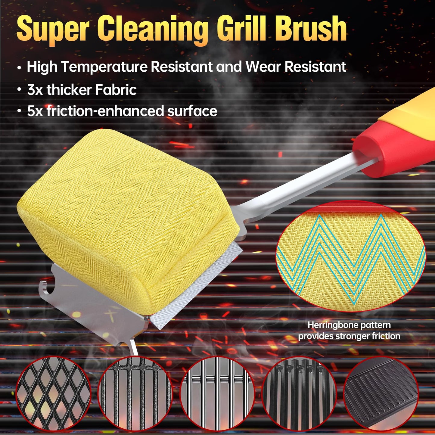 Grill Brush Bristle Free for Outdoor Grill, BBQ Grill Cleaner Brush and Scraper with Replaceable Head, Steam Grill Cleaning Brush 17'' Long Handle for Cast Iron Stainless Steel Grates,Red