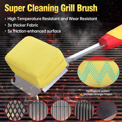 Grill Brush Bristle Free for Outdoor Grill, BBQ Grill Cleaner Brush and Scraper with Replaceable Head, Steam Grill Cleaning Brush 17'' Long Handle for Cast Iron Stainless Steel Grates,Red