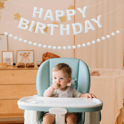 2 PCS Pre-Strung 3D Felt Happy Birthday Banner - White Theme Birthday Decorations Sign, Pom Pom Garland, Reusable Party Decor, Photo Prop（White）