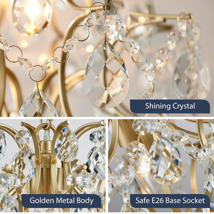 Bestier Gold Modern Pendant Chandelier Crystal Raindrop Lighting Ceiling Light Fixture Lamp for Dining Room Bathroom Bedroom Livingroom entryway 1 E26 Bulbs Required D13 in x H16 in