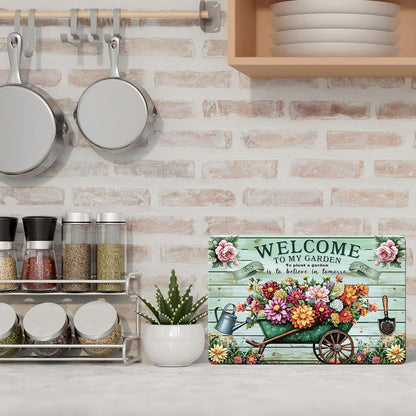 Garden Signs for Outside Welcome To Our Garden Metal Sign Gardening Yard Patio Greenhouse Decor for Women Gardeners Plant Lovers 8x12inch