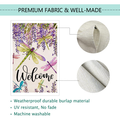 Baccessor Spring Summer Flower Garden Flag Wisteria Dragonfly Floral Welcome Small Yard Flag Burlap Double Sided Vertical Seasonal Farmhouse Wedding Outside Outdoor Decoration 12.5x18 Inch