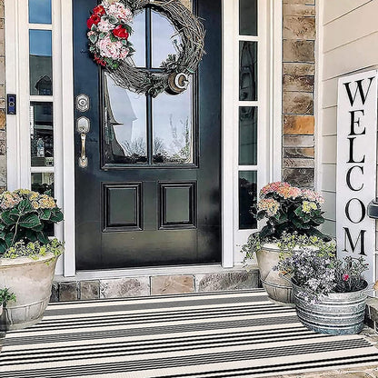 BUAGETUP Black and White Outdoor Rug 3'x 5' Cotton Woven Washable Rug Striped Front Porch Rug Area Rug Floor Mat for Farmhouse/Layered Door Mats/Living Room