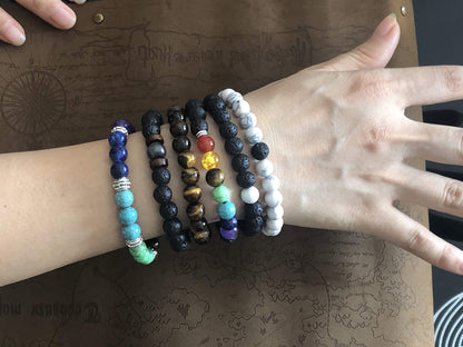 Black Lava Stone 7 Chakra Bracelets 6pcs mix 8mm Yinyang Rock Bead Elastic Natural Stones Gemstones Oil Diffuser Yoga Menditation Beads Bracelets for Men Women Jewelry (6pcs Lava Stone Bracelet)
