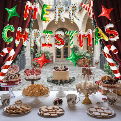 FunHot Merry Christmas Balloons Banner, Donut Merry Christmas Foil Balloons, 16 Inch Xmas Letter Balloon with Mini Candy Cane Green Red Star Balloon for Xmas Indoor Outdoor New Year Party Decor