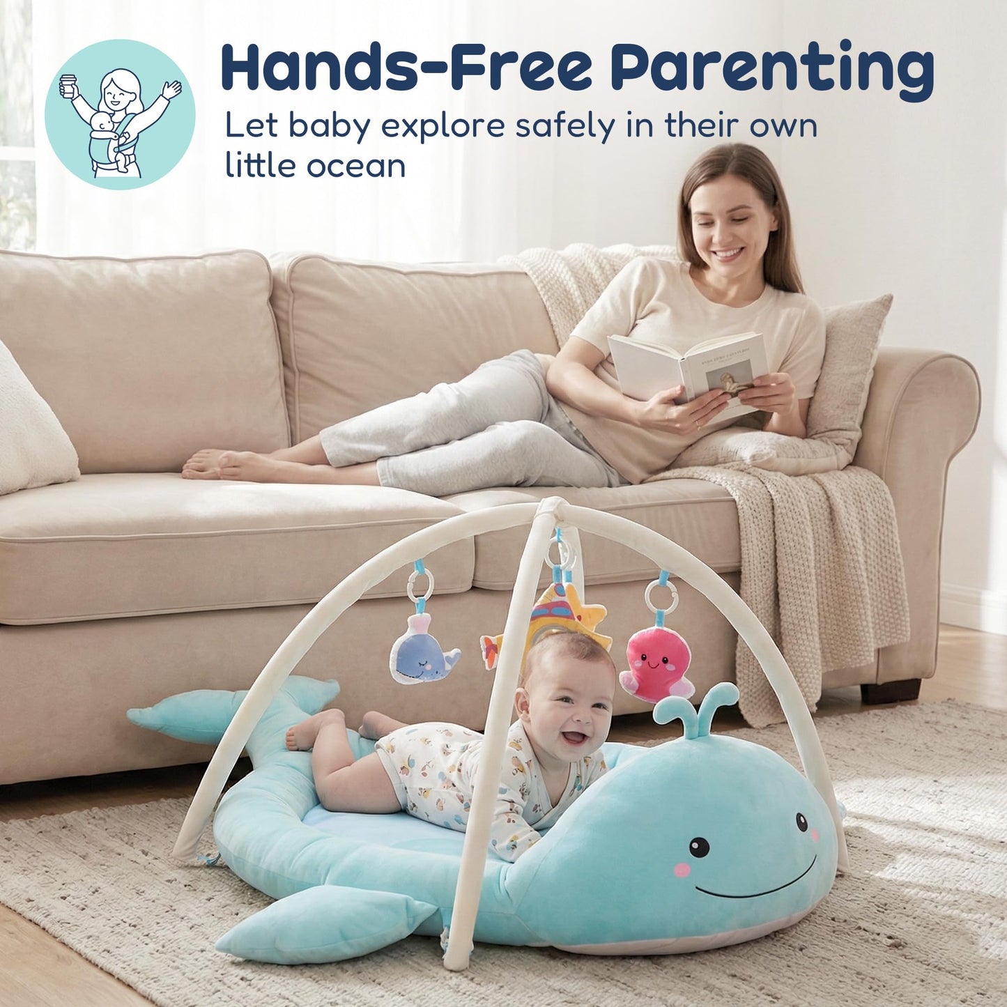 BubblinHome Baby Play Mat, Whale Tummy Time Mat with Toys, Baby Activity Gym for Infants 0–12 Months Sensory Floor Mat for Boys & Girls
