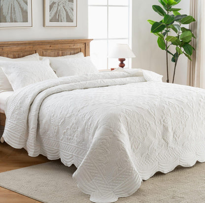 meadow park Embroidered Quilt Set King Size - 3 Pieces, Washed Cotton Blend Lightweight Bedspreads with Scallop Edges, Reversible Coverlets Bed Cover All Season Quilts-Ivory