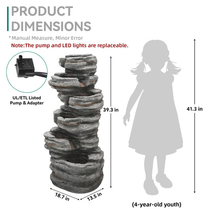Ultym Extra-Large 6-Tier Outdoor Water Fountain with LED Lights, Cascading Rock Waterfall for Garden Patio Porch, Weather-Resistant Polyresin Water Feature for Tranquil Oasis