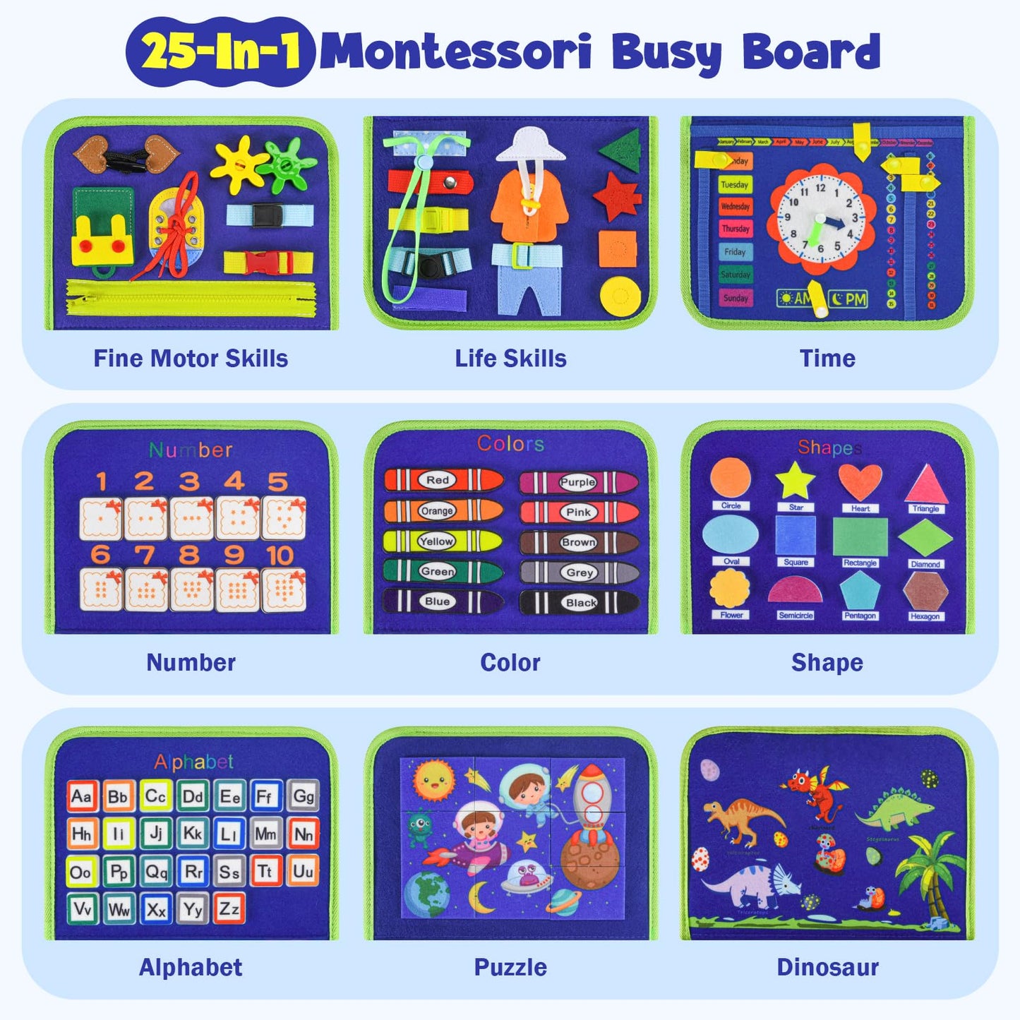 Asten Busy Board Montessori Toys for Toddlers: Busy Book Sensory Board Quiet Books Educational Activity Book for 3 4 5 Year Old Gifts for Boys Girls Kids, Toddler Travel Toys for Airplane Car (Blue)
