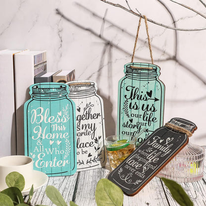 Jetec 4-Piece Mason Jar Wall Hanging Plaque Set - Rustic Farmhouse Decor Signs - Bless This Home, Family, Together, Love, Life, Home, Forever - Wooden Wall Mount - Approx. 8.3 x 4.5 x 0.24 Inches