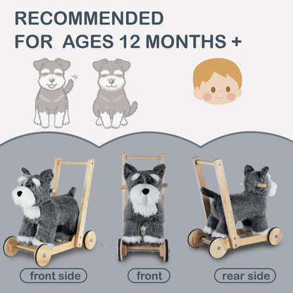 Rock My Baby Wooden Baby Walker, 2-in-1 Baby Push Walker & Ride On Toy for Toddlers 12M+, Learning to Walk Toy with Sweet Music, Soft Cuddly Dog Toy for Boys Girls (Schnauzer Dog) CPC Certified