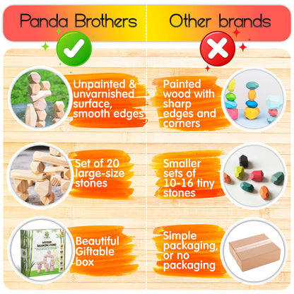 Panda Brothers Wooden Balancing Stones - Montessori Toys for 3 4 5 Year Old Kids and Toddlers Learning Sensory Toy, 20 Large Size Wooden Building Blocks Set of Stacking Stones for Kids Pine Wood Rocks