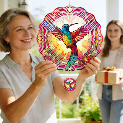 Riletese Hummingbird Wind Spinner Outdoor - 12 Inch Floral Hummingbird Hanging Decor, 3D Kinetic Iron Metal Bird Wind Spinner Gift for Women Mom Wife, Hanging Yard Art for Garden Patio Balcony