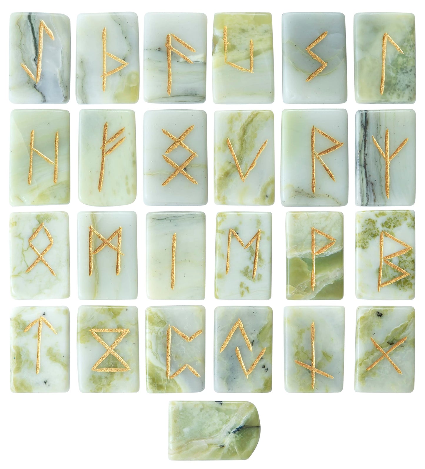 Crocon Serpentine Rectangle Shape Gemstone Runes with Elder Futhark Alphabet Engraved 25 pcs Rune Set Crystal Divination Metaphysical Healing Chakra Reiki Runes Set with a Pouch Size : 20-25mm