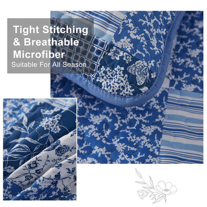 Mybedsoul Blue Boho Quilt Set Queen Size,3 Pieces Plaid Floral Bedspread Coverlet Set for All Season,Patchwork Reversible Bedding Set Queen 90"x96"