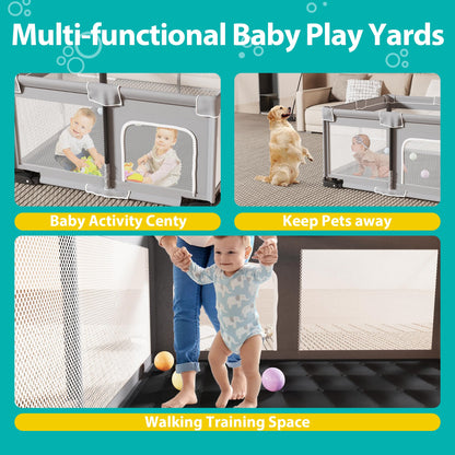 ICAREWAY Foldable Playpen for Babies and Toddlers, 50x50 Inches Portable Playpen, Kids Collapsible Play Pen with 2 Handlers, Indoor & Outdoor Baby Fence Play Area with Visible Mesh, Light Gray
