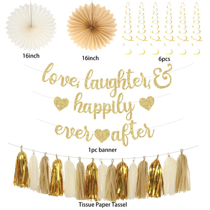 Roetyce Engagement Party Decorations, Gold Glitter Love Laughter & Happily Ever After Banner for Bridal Shower, Wedding Bachelorette Party Backdrop, Almost Married/Just Engaged Photo Background Decor